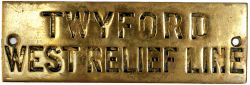 GWR hand engraved brass shelf plate TWYFORD WEST RELIEF LINE. Measures 4.75in a 1.5in and is in good