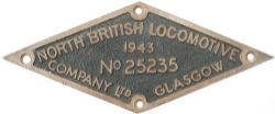 Worksplate NORTH BRITISH LOCOMOTIVE COMPANY LTD GLASGOW No25235 1943 ex WD 2-8-0 numbered 7364,