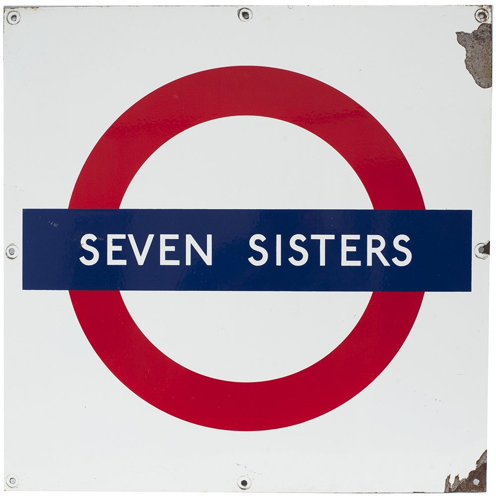 London Underground enamel target / Bullseye sign SEVEN SISTERS measuring 24in x 24in. In good