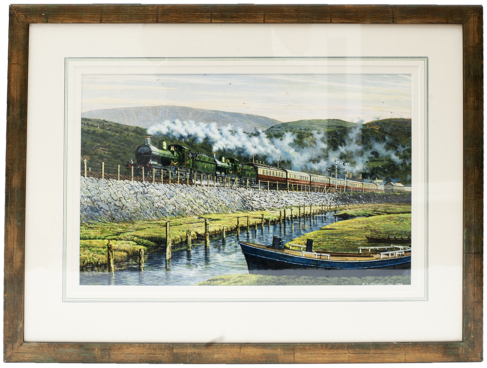 Original painting in Gouache of a Cambrian Coast Train hauled by two GWR Dukedog 4-4-0 locomotives