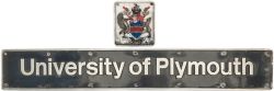 Nameplate UNIVERSITY OF PLYMOUTH and with separate cast aluminium coat of arms badge ex High Speed