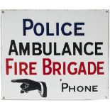 Motoring road enamel sign POLICE AMBULANCE FIRE BRIGADE PHONE with pointing finger. An early