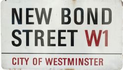 Motoring enamel road sign NEW BOND STREET W1 CITY OF WESTMINSTER. Measures 30in x 17in and is in