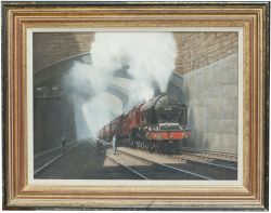 Original oil painting of LMS Scot 4-6-0 6148 The Manchester Regiment In Liverpool Lime Street