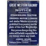 GWR enamel sign NOTICE STEAM ROLLERS TRACTION ENGINES MOTOR LORRIES etc signed James Milne General