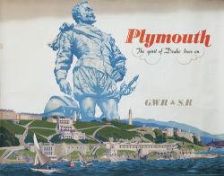 Poster GWR/SR PLYMOUTH THE SPIRIT OF DRAKE LIVES ON by Frank Newbould 1946. Quad Royal 50in x