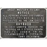 GWR cast iron bilingual TRESPASS sign. Nicely face restored measures 28.5in x 18in.
