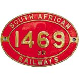 South African Railways brass cabside numberplate 1469 3 R ex 4-8-2 built by The North British