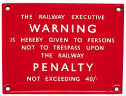 BR(NE) enamel sign THE RAILWAY EXECUTIVE WARNING IS HEREBY GIVEN TO PERSONS NOT TO TRESPASS UPON THE