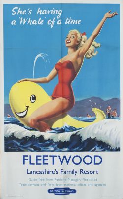 Poster BR(M) FLEETWOOD LANCASHIRE'S FAMILY RESORT by Caswell published in 1955. Double Royal 25in