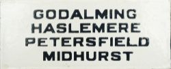 LSWR enamel destination sign GODALMING HASLEMERE PETERSFIELD MIDHURST measuring 6.5in x 2.75in. In