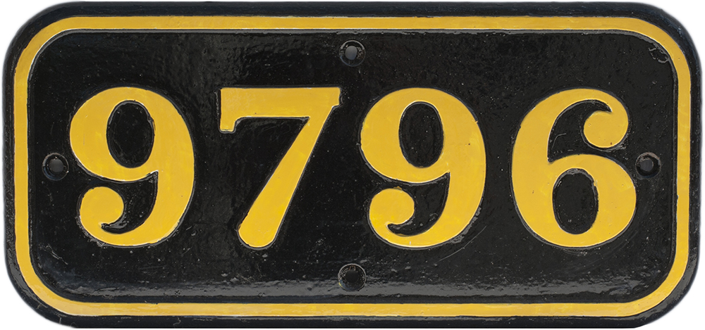 GWR cast iron cabside numberplate 9796 ex Collett 0-6-0 PT built at Swindon in 1936. Allocated to