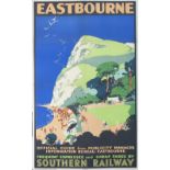 Poster SR EASTBOURNE FREQUENT EXPRESSES AND CHEAP FARES BY SOUTHERN RAILWAY by Leslie Carr. Double