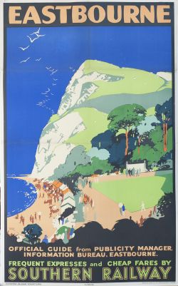 Poster SR EASTBOURNE FREQUENT EXPRESSES AND CHEAP FARES BY SOUTHERN RAILWAY by Leslie Carr. Double