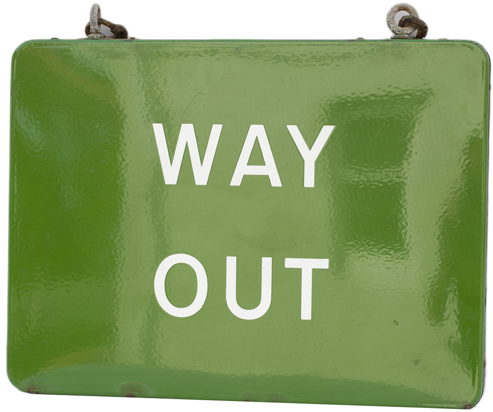 BR(S) FF enamel sign WAY OUT, double sided and complete with hanging hooks and chains. Measures 24in