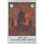 Poster WW2 LONDON COUNTY COUNCIL ARP AFS JOIN THE AUXILLARY FIRE SERVICE by Hassall. Double Crown