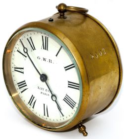 GWR Brass drum railway clock with 3.5 inch enamelled dial GWR KAY & CO PARIS. Case, back and