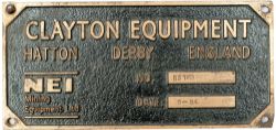 Electric locomotive worksplate CLAYTON EQUIPMENT HATTON DERBY ENGLAND No B3149 9-84 ex 0-4-0 Battery