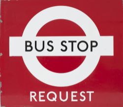 London Transport enamel BUS STOP REQUEST. White on red background, in very good condition with minor