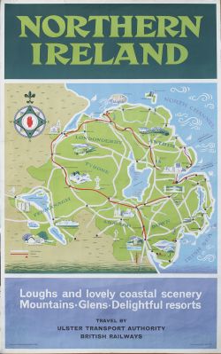 Poster BR/UTA NORTHERN IRELAND LOUGHS AND LOVELY COASTAL SCENERY. Double Royal 25in x 40in. In