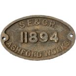 Wagon plate SE&CR ASHFORD WORKS 11894. Ex 25 ton brake van built in 1918 and renumbered in SR days