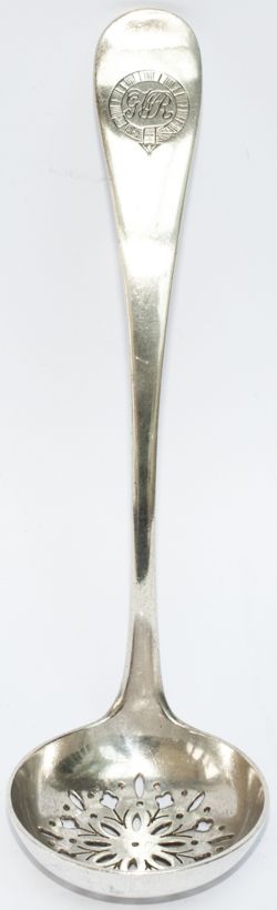 GWR silverplate pierced Ladle, face marked with GWR in garter and makers name E & Co to rear. Date