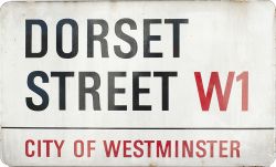 Motoring enamel road sign DORSET STREET W1 CITY OF WESTMINSTER. Measures 29in x 17in and is in