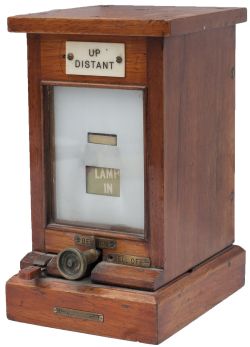 GWR mahogany cased Lamp In/Out Repeater with ivorine plate UP DISTANT and R. E. Thompson brass