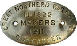 Worksplate GREAT NORTHERN RAILWAY COMPANY MAKERS DONCASTER No1322 1911 ex Ivatt J6 0-6-0 BR 64181,