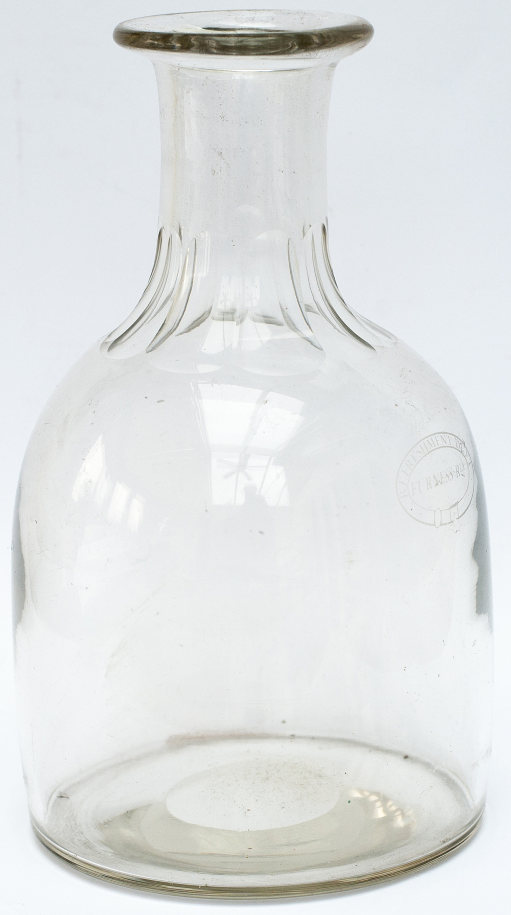 Furness Railway cut glass Water/ Wine Carafe, acid etched Refreshment Dept Furness Rly in garter
