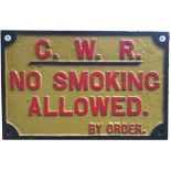 Great Western Railway cast iron sign GWR NO SMOKING ALLOWED BY ORDER. Nicely restored measures 17.