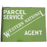 Motoring bus enamel WESTERN NATIONAL PARCEL SERVICE AGENT. Double sided with wall mounting flange.