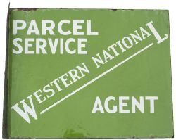 Motoring bus enamel WESTERN NATIONAL PARCEL SERVICE AGENT. Double sided with wall mounting flange.