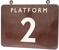 BR(W) FF enamel sign PLATFORM 2, double sided and complete with both hanging hooks. Measures 24in
