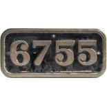 GWR brass cabside numberplate 6755 ex Collett 0-6-0 PT built at Swindon in 1947. Allocated to