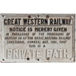 GWR cast iron sign GREAT WESTERN RAILWAY NOTICE IS HEREBY GIVEN THIS IS A PRIVATE PATH. Measures