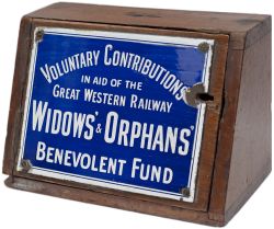 Great Western Railway Benevolent Fund mahogany collection box with original enamel sign VOLUNTARY