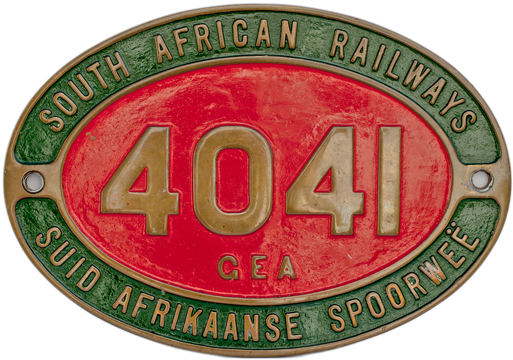 South African Railways dual language brass cabside numberplate 4041 GEA ex 4-8-2 and 2-8-4 Garratt