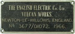 Diesel worksplate THE ENGLISH ELECTRIC CO LTD VULCAN WORKS NEWTON-LE-WILLOWS ENGLAND No3677/D1072