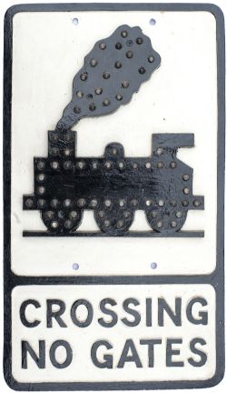 Motoring road sign cast aluminium CROSSING NO GATES with 0-6-0 locomotive. Face restored, rear