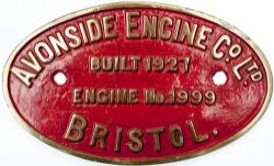 Worksplate AVONSIDE ENGINE CO LTD BUILT 1927 ENGINE No1999 BRISTOL ex SS 0-4-0 ST supplied under
