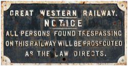 GWR small cast iron TRESPASS sign fully titled. In original condition measuring 23.5in x 12in.