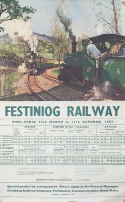 Poster FESTINIOG RAILWAY by Cuneo with timetable for 1967 below. Double Royal 25in x 40in. In good