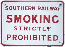Southern Railway enamel sign SMOKING STRICTLY PROHIBITED. In good condition with a couple of