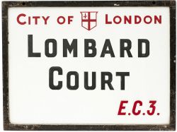 Motoring road street sign CITY OF LONDON LOMBARD COURT EC3. China glass with original zinc plated