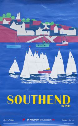 Poster NETWORK SOUTH EAST SOUTHEND BY TRAIN by Edmund Pond 1989. Double Royal 25in x 40in. In good
