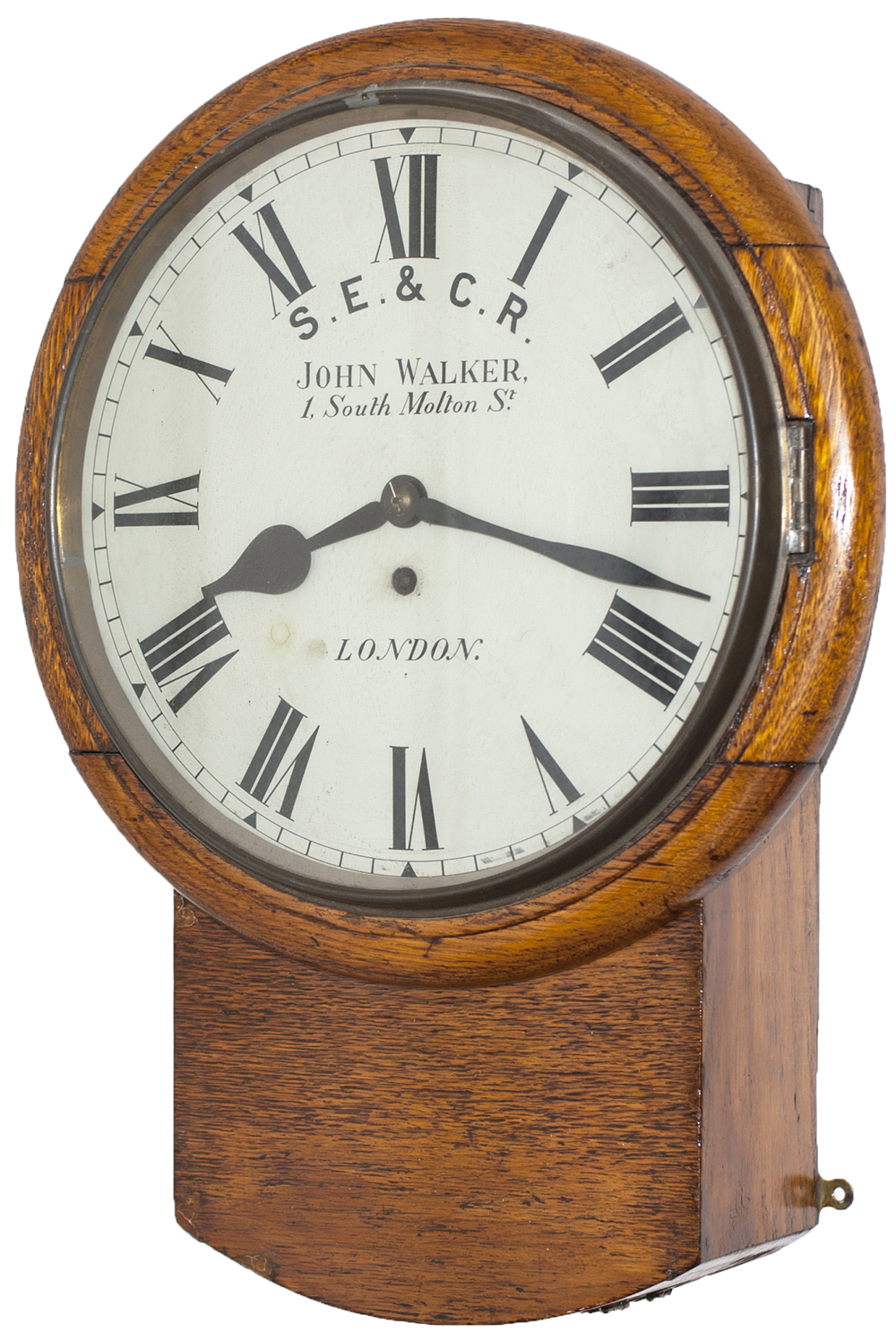 South Eastern & Chatham Railway 12in dial oak cased drop dial railway clock with a chain driven
