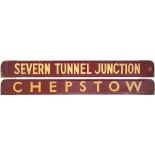 GWR/BR-W wooden carriage board SEVERN TUNNEL JUNCTION-CHEPSTOW. In good condition complete with