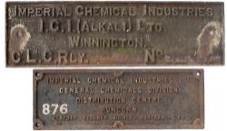 A pair of wagon plates: IMPERIAL CHEMICAL INDUSTRIES LTD RUNCORN CASTNER KELLNER SIDINGS LMR, 25in x
