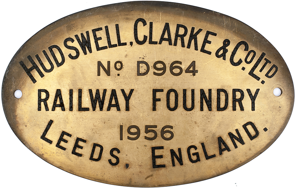 Diesel worksplate HUDSWELL CLARKE & Co Ltd LEEDS, ENGLAND No D964 1956, ex standard gauge 0-4-0DM